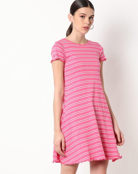 Striped Fit & Flare Dress with Lettuce Hems
