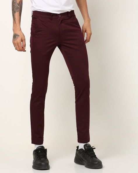 Burgundy Slim Fit Cotton Lycra Pants for Men by GentWithcom