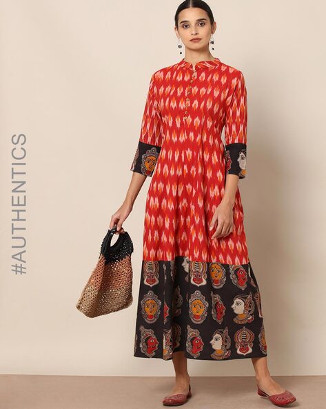 Handloom Ikat Cotton Dress with Kalamkari