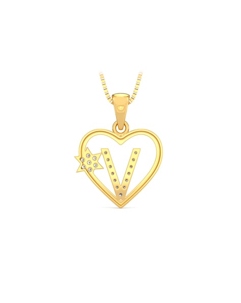 Yellow Gold Nugget Initial Letter V Pendant Necklace