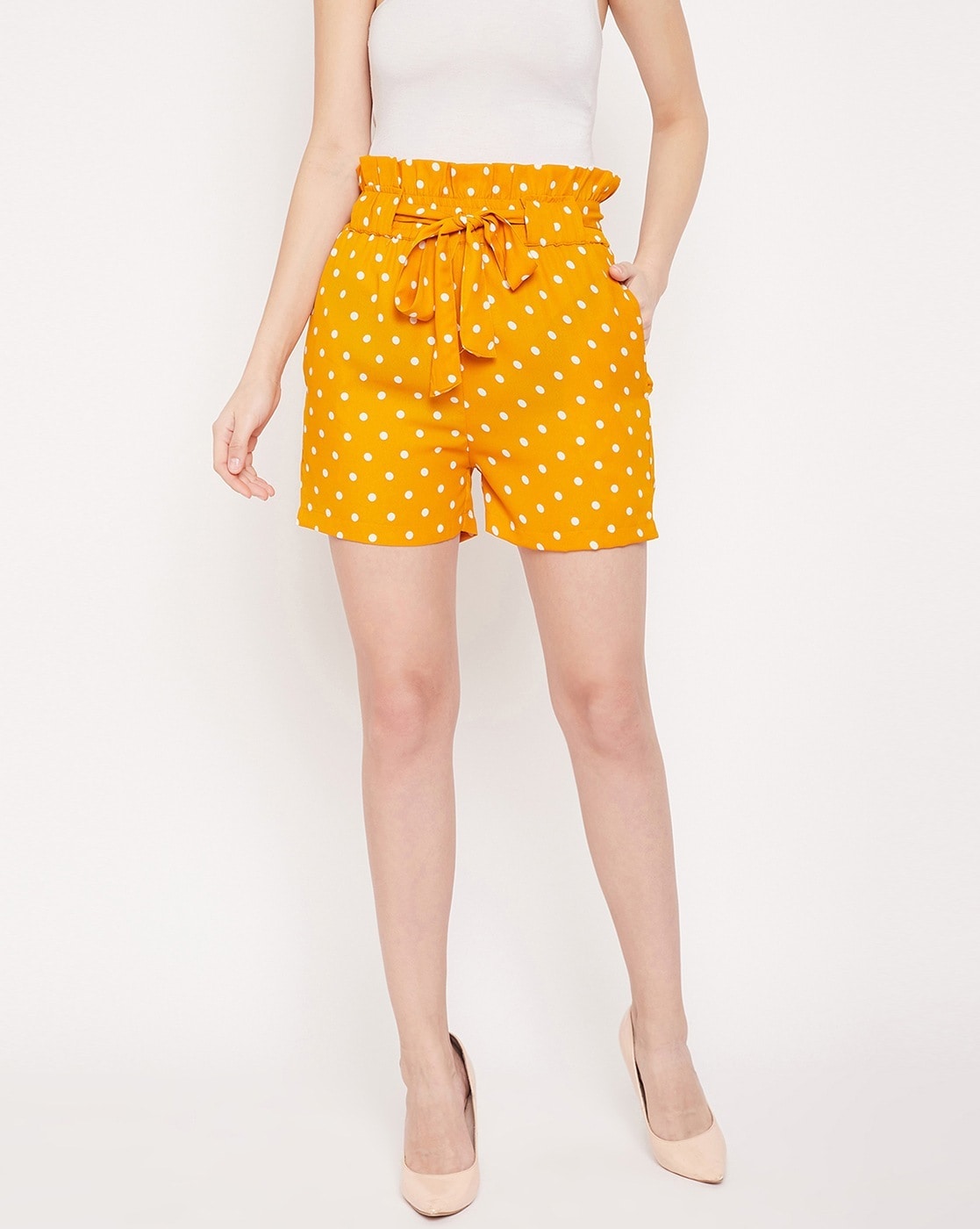 HIGH WAIST MINI SHORTS Yellow Polka Dots | Bikram Yoga Shorts