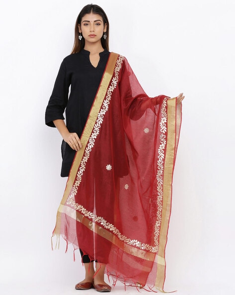 Floral Embroidered Dupatta with Tassels Price in India