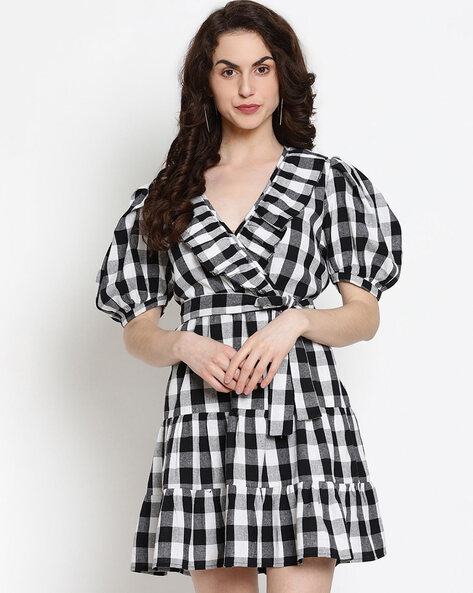 The Vanca Checked Tiered Wrap Dress