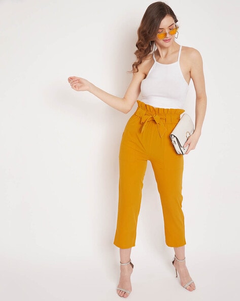 Mustard Belted Paperbag Tapered Pants | PrettyLittleThing