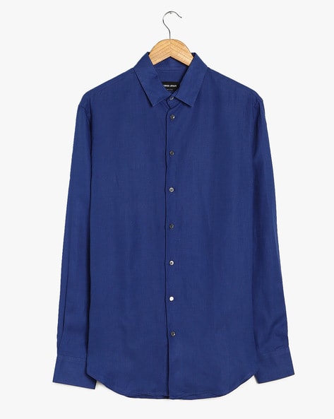 Buy GIORGIO ARMANI Linen Shirt with Spread Collar Blue Color Men