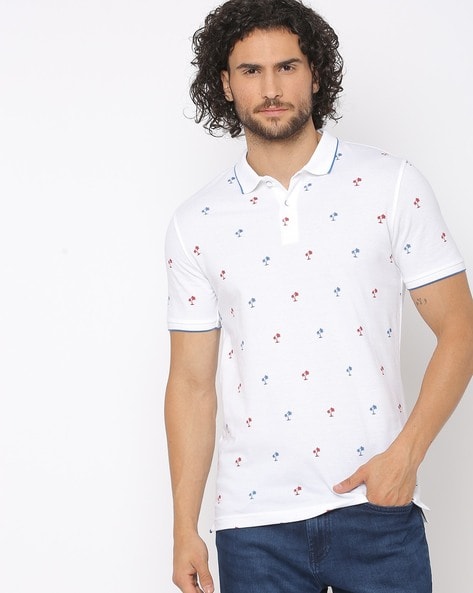 white printed polo t shirt