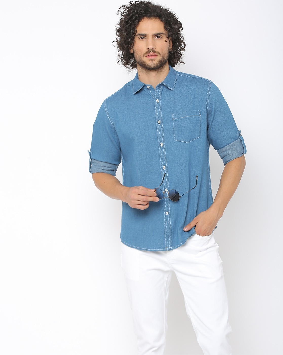 D&S Rhinestones Denim Shirt Blue – Moda Natty
