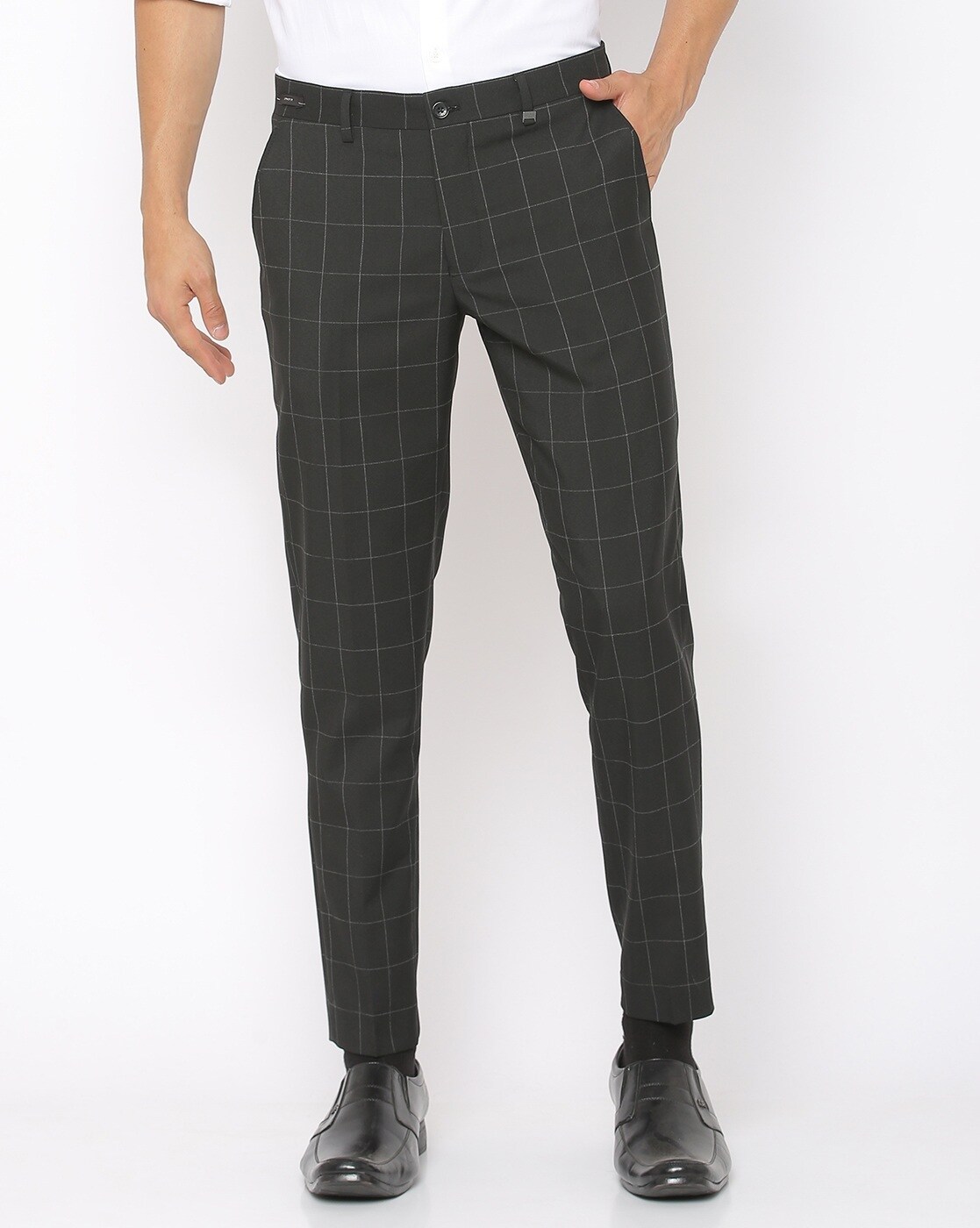 Buy Checked MidRise Cropped Slim Fit FlatFront Trousers Online at Best  Prices in India  JioMart