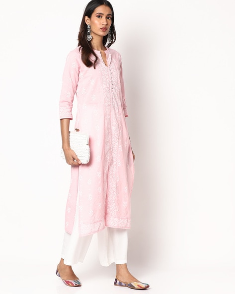 Woven Straight Kurta with Notched Neckline