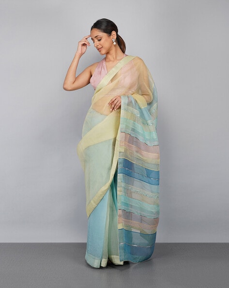 Buy ISHIN Womens Colour Block Saree with Blouse Piece | Shoppers Stop