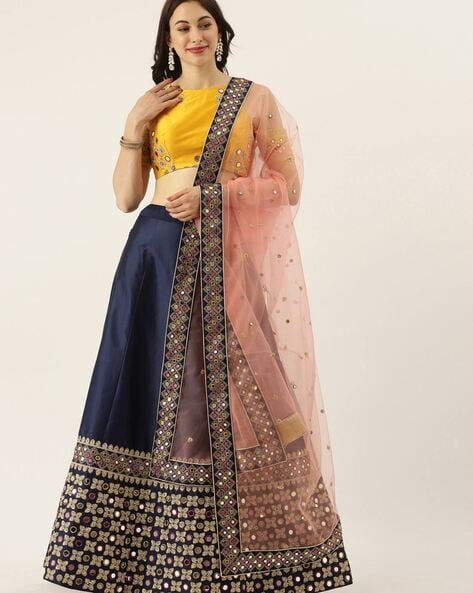 Blue Embroidered Velvet Lehenga – Lashkaraa