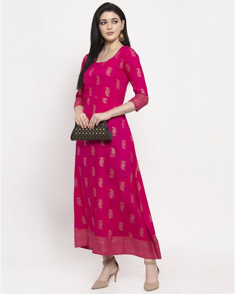 Rani Pink Colour Readymade Cotton Kurti having Multi Colour Prints With  3/4th Hand Sleeves