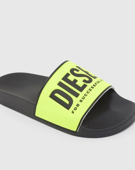 Buy DIESEL SA-VALLA Logo Print Sliders | Fluorescent Yellow  display picture 1