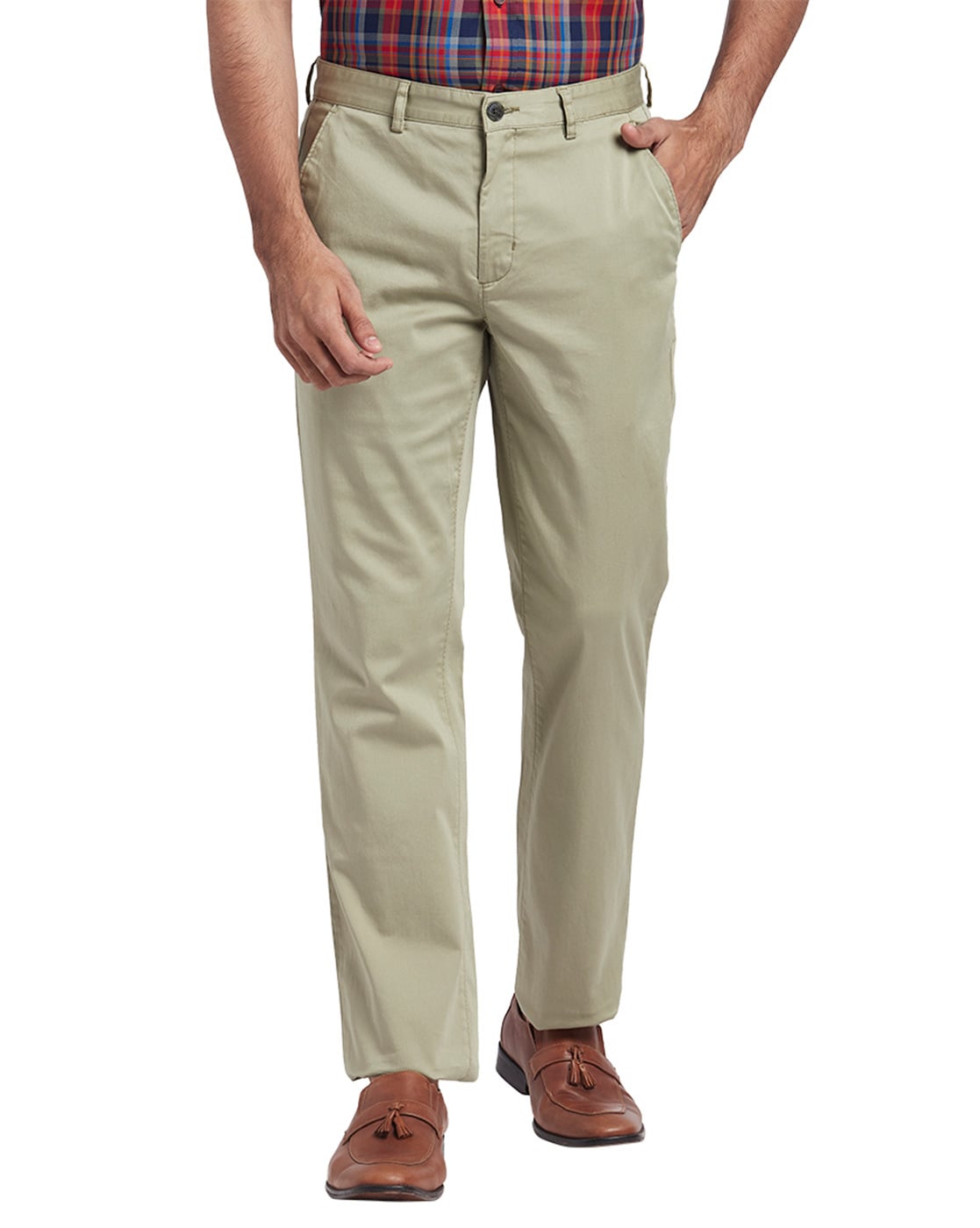 Buy ColorPlus Comfortable Fit Solid Brown Casual Trouser Online