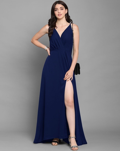 Asra Satin Gown With Pleated Draped Belt | Blue, Sleeveless, Satin, V-neck,  Sleeveless | Gowns, Ladies gown, Satin gown