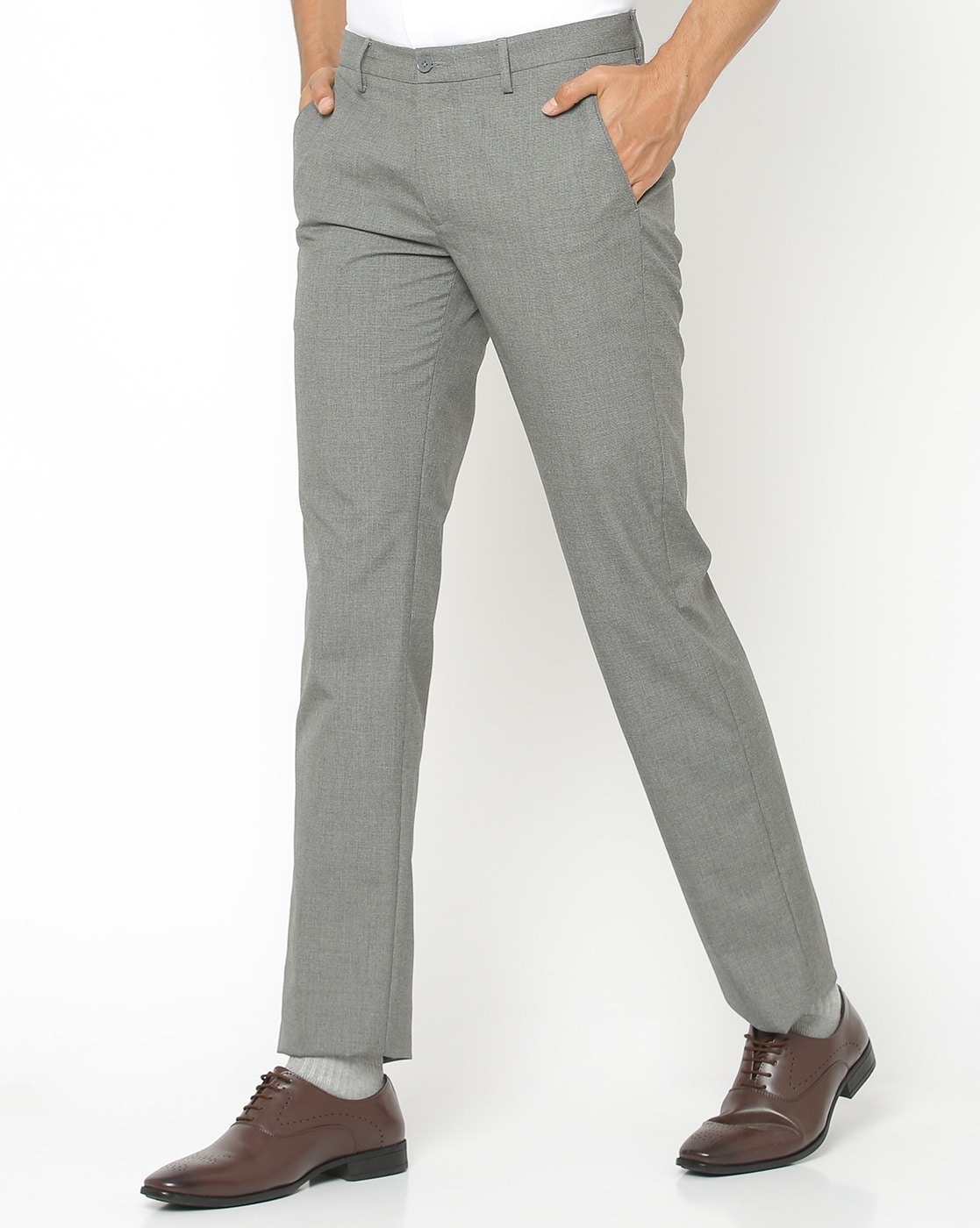 Men Grey Slim Fit Textured Flat Front Casual Trousers | Louis Philippe |  Industrial Area | Chandigarh