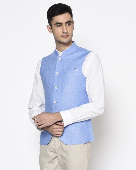 Blue Plain Cotton Stitched Nehru Jacket And Trousers - Hangup - 3022273