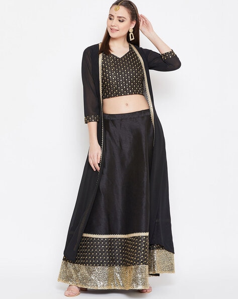 Buy Black Raw Silk Floral Print Fusion Lehenga Choli With Attached Blazer  Jacket by Designer SCAKHI for Women online at Kaarimarket.com