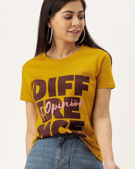 DIFFERENCE OF OPINION Yellow Typography Print T-shirt with Short Sleeves