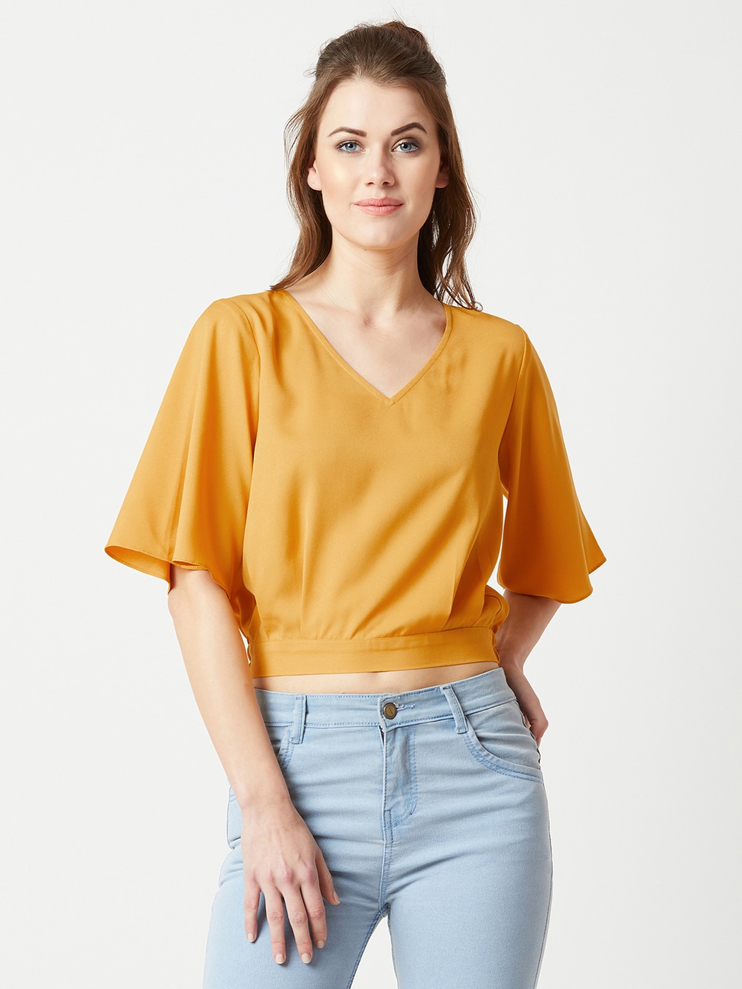 Yellow v neck store crop top