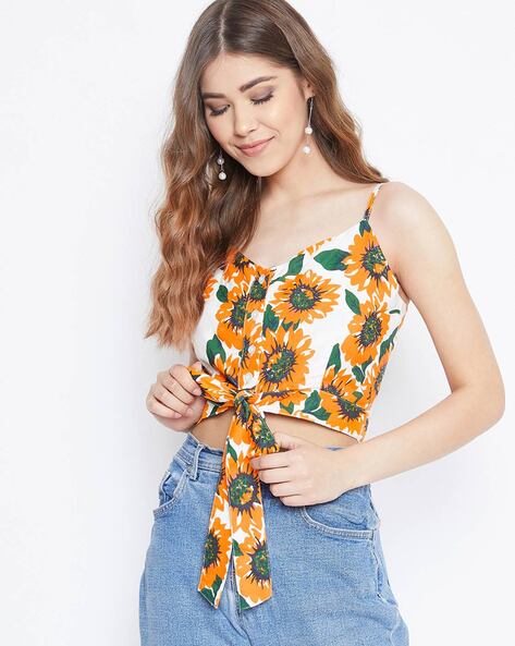 Tropical Print Top with Tie-Up