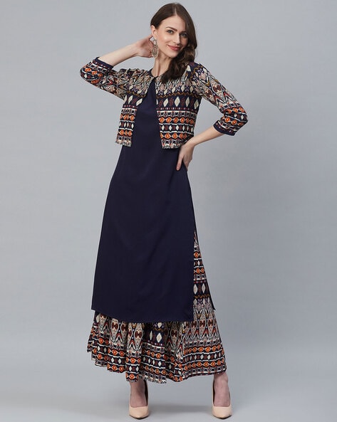 Geometric Print Straight Kurta Set with Shrug