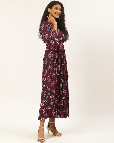 Floral Print Accordion Pleated Flared Dress