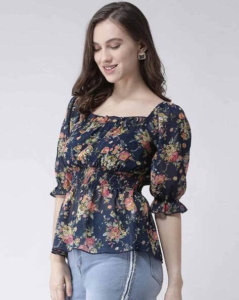 Kassually Floral Print Top with Short Sleeves