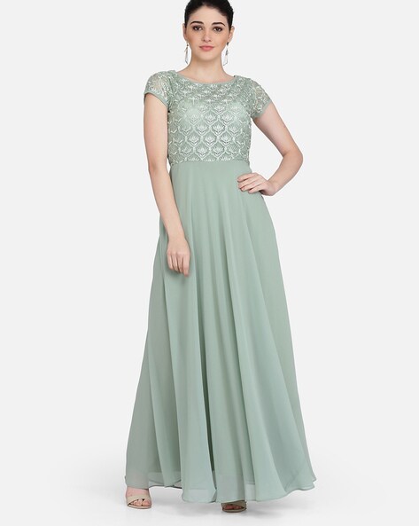 Atractive Pista Green colored Jaquard Floor Touch Gown