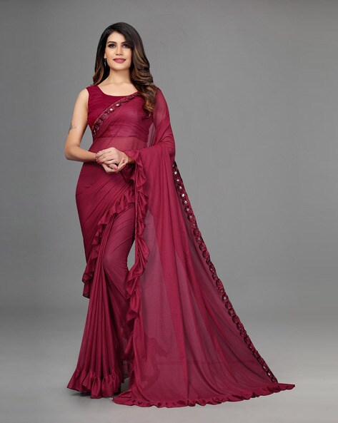 Mirror Work Saree with Frilled Border