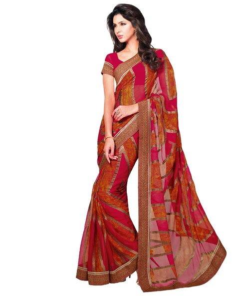 Vishal Prints Golden Yellow Chiffon Saree With Embroidery Work And Fan