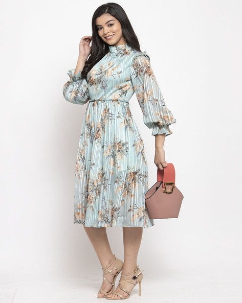 KASSUALLY Turquoise Blue & Beige FloralPrinted Fit and Flare Dress