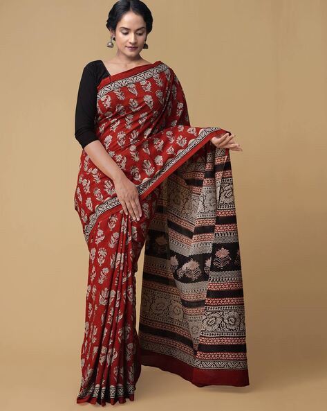 Cotton bagru print barley corn and green latest sarees with price  Cotton  sarees online Latest sarees Bagru print