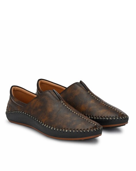 Textured Penny Loafers with Contrast Stitch