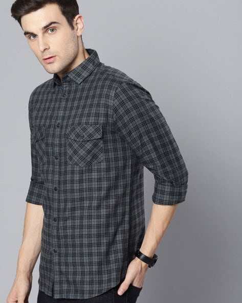 checked slim fit shirt with patch pocket