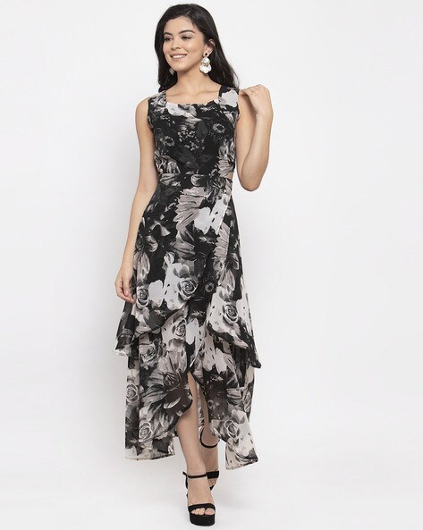 Waist Cut-Out Floral Print A-line Dress