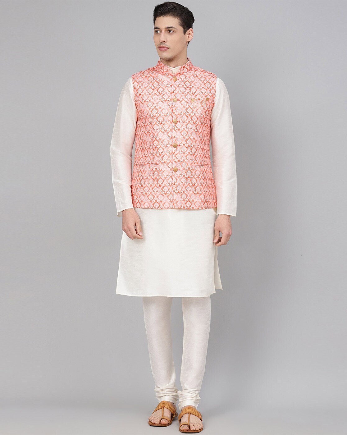 Art Silk Kurta Pajama With Jacket In White And Pink Colour - KP5750227