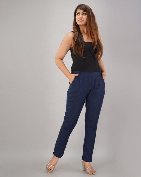 Buy Navy Blue Color Cotton Trousers for Women  Regular Fit Cotton  Naariy