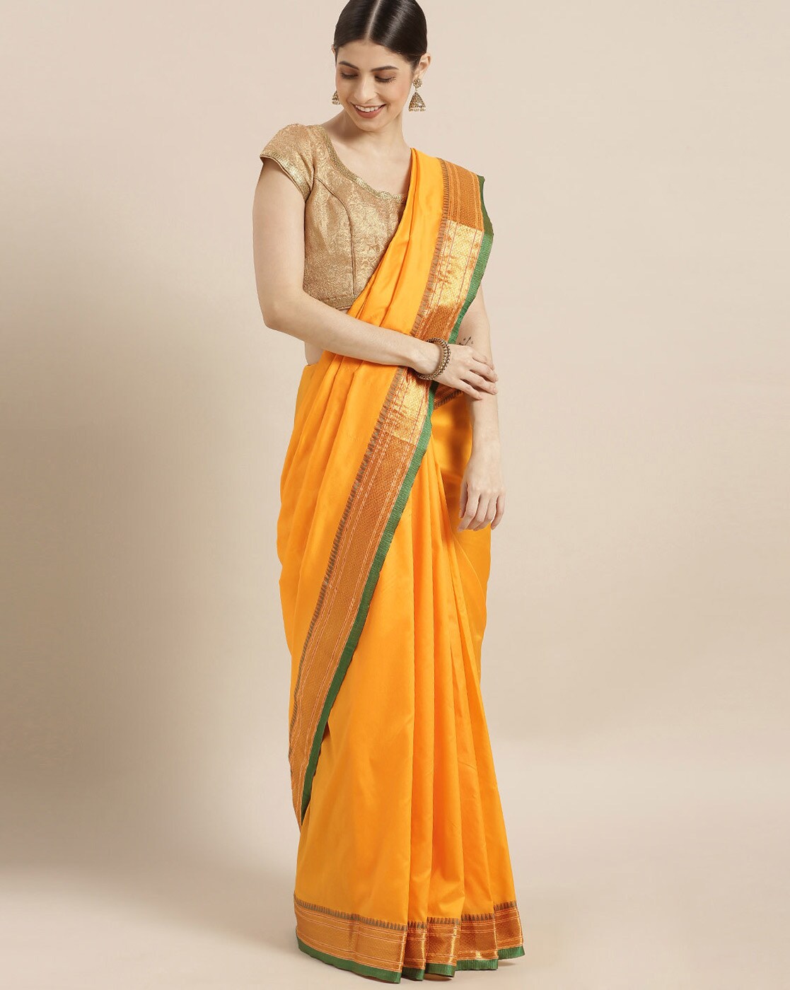 Yellow woven cotton poly nauvari-saree - Fashion House - 1923573