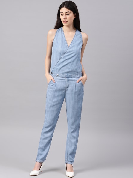 nush blue solid denim jumpsuit