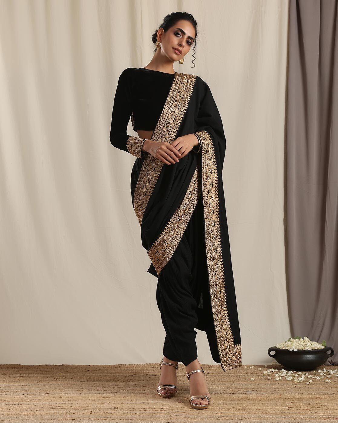 Qbik Embellished Pre-stitched Saree | Black, Saree- Silk Satin, V Neck,  Half | Black saree, Saree, Aza fashion