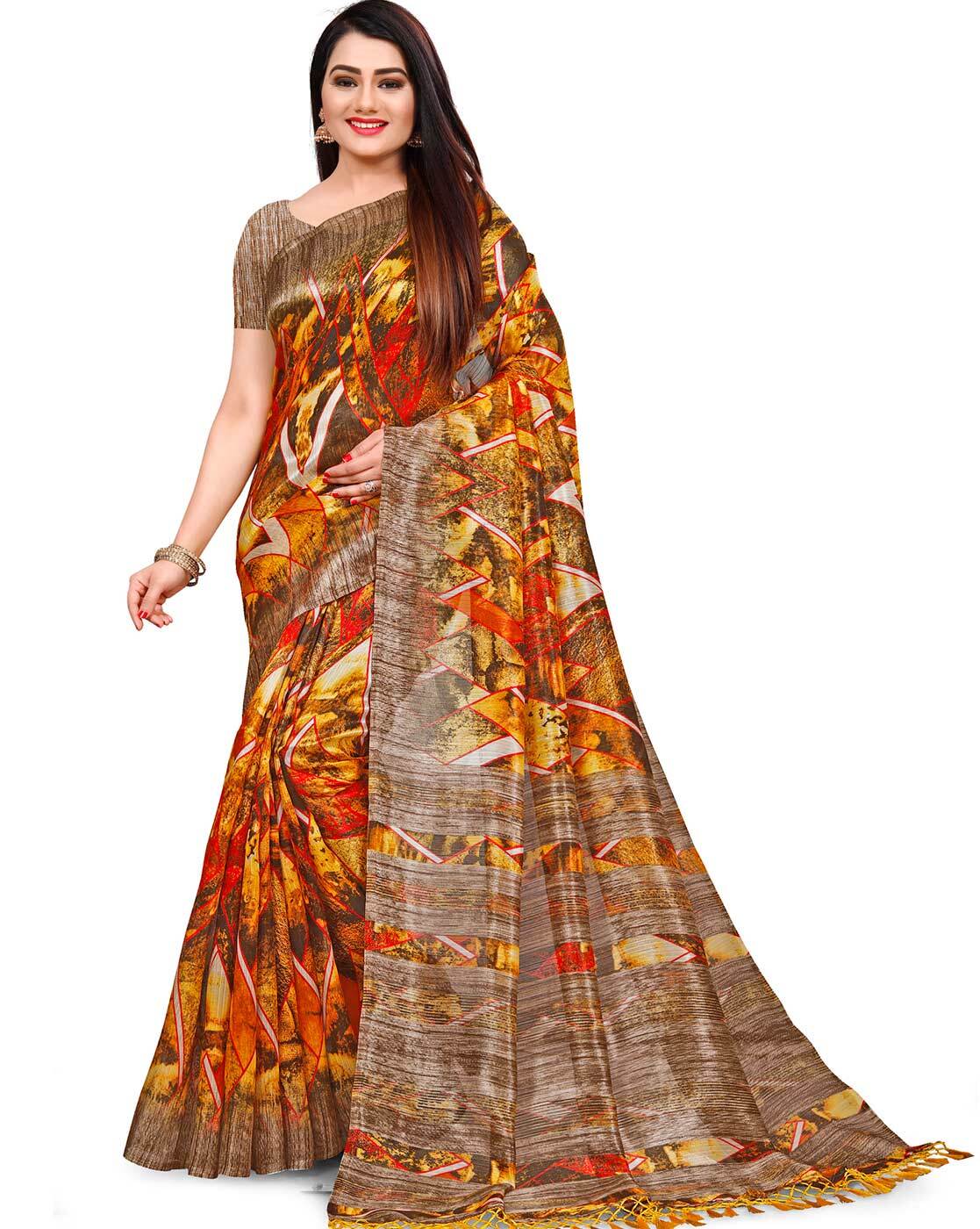 Rajnandini Beige & Purple Cotton Blend Woven Design Saree - Absolutely Desi