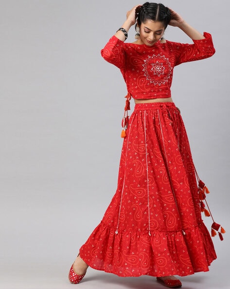 Ishin Red Bandhani Print Embellished Crop Top with Skirt