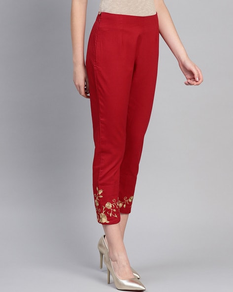 GOLDEN COTTON SILK EMBROIDERY TROUSER PANTS @ Alankriti