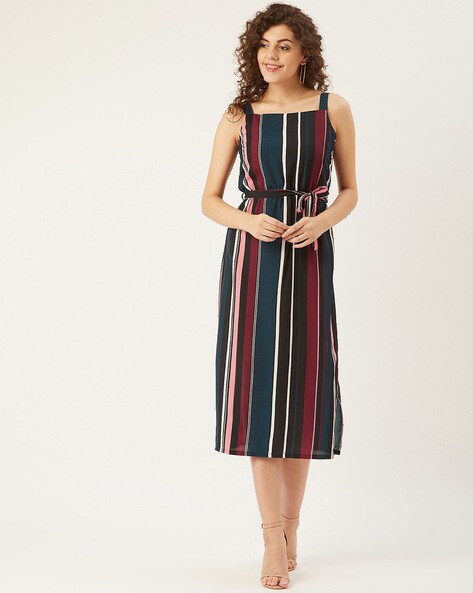 Striped Waist Tie-Up A-line Dress