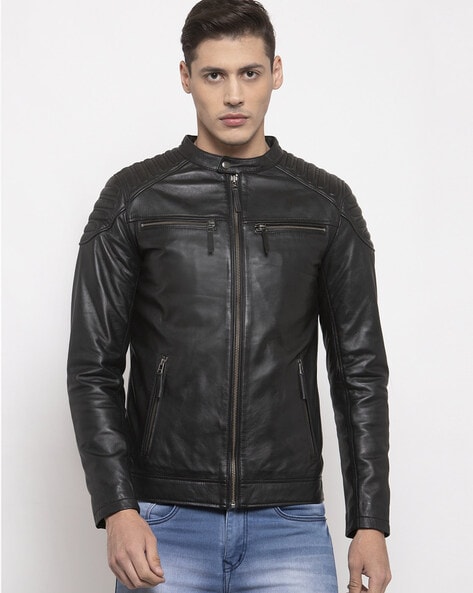 Slim fit leather biker jacket hot sale