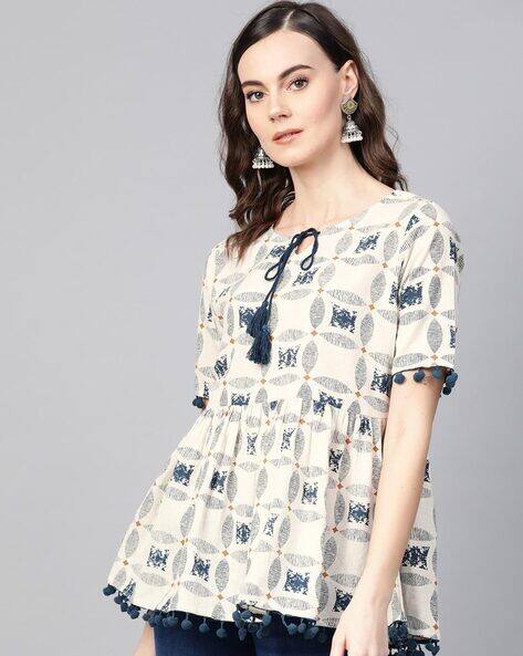 Geometric Print Top with Tassels Embellished