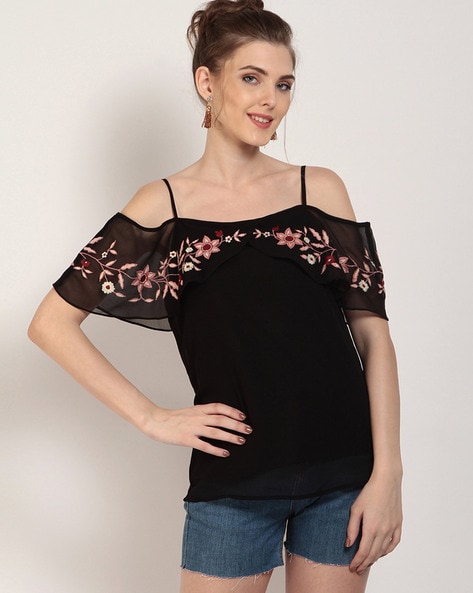 Cold-Shoulder Top with Floral Embroidery