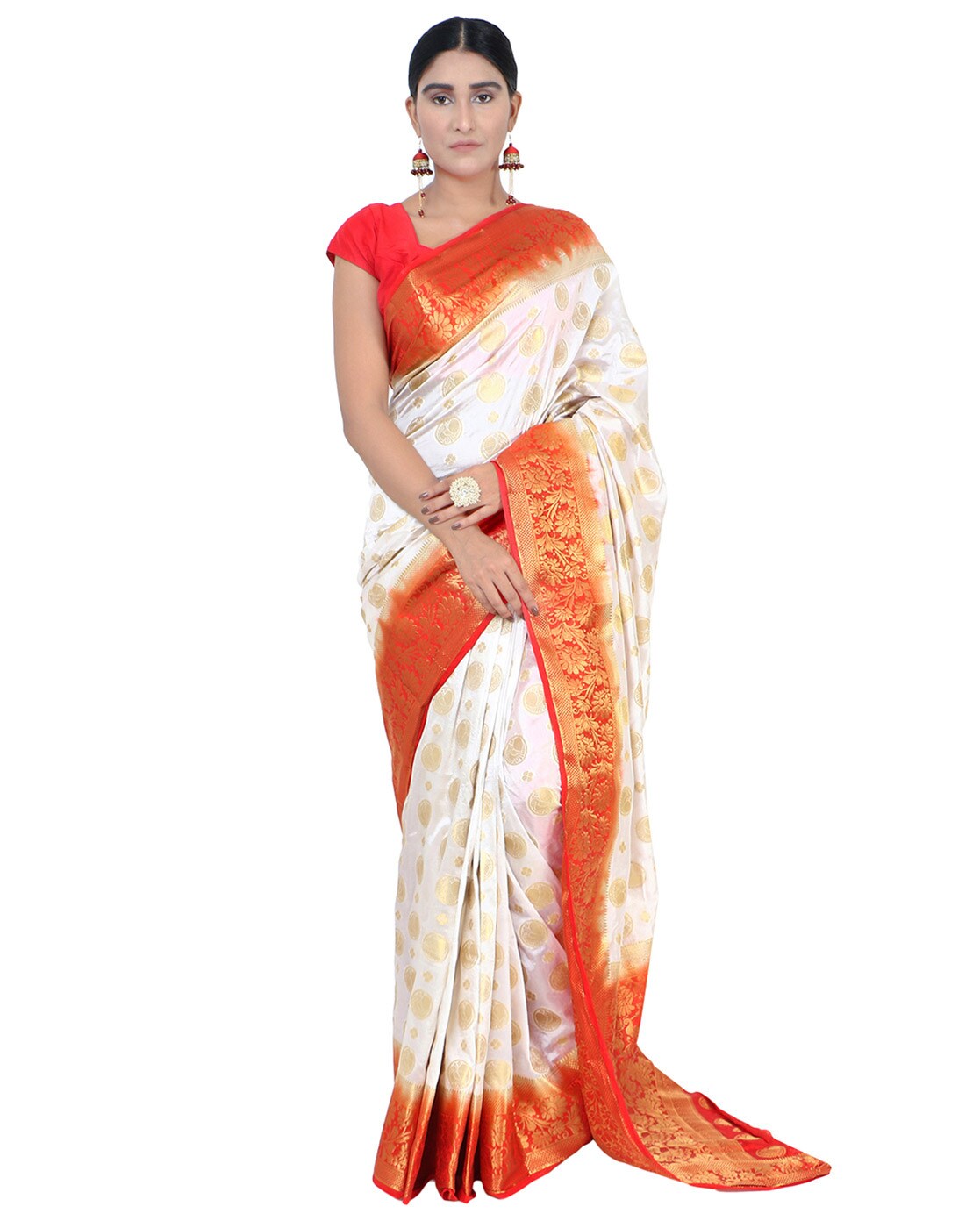 Buy Women's Silk Embelished Durga Pooja Bengali Kanjivaram Saree With  Blouse Piece (White Red) (Garad Silk-1) at Amazon.in