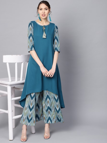 AZIRA Turquoise Blue Abstract A-line Kurta with Pants